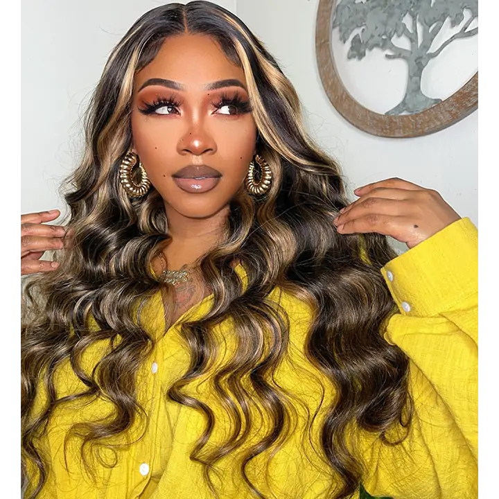 Balayage Highlight Lace Front Wig Body Wave Glueless Human Hair Wigs 180% Density-GeetaHair