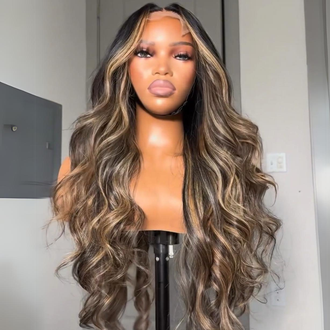 Balayage Highlights Body Wave Wig 13x4 Lace Front Human Hair Wigs Honey Blonde Highlights Wigs