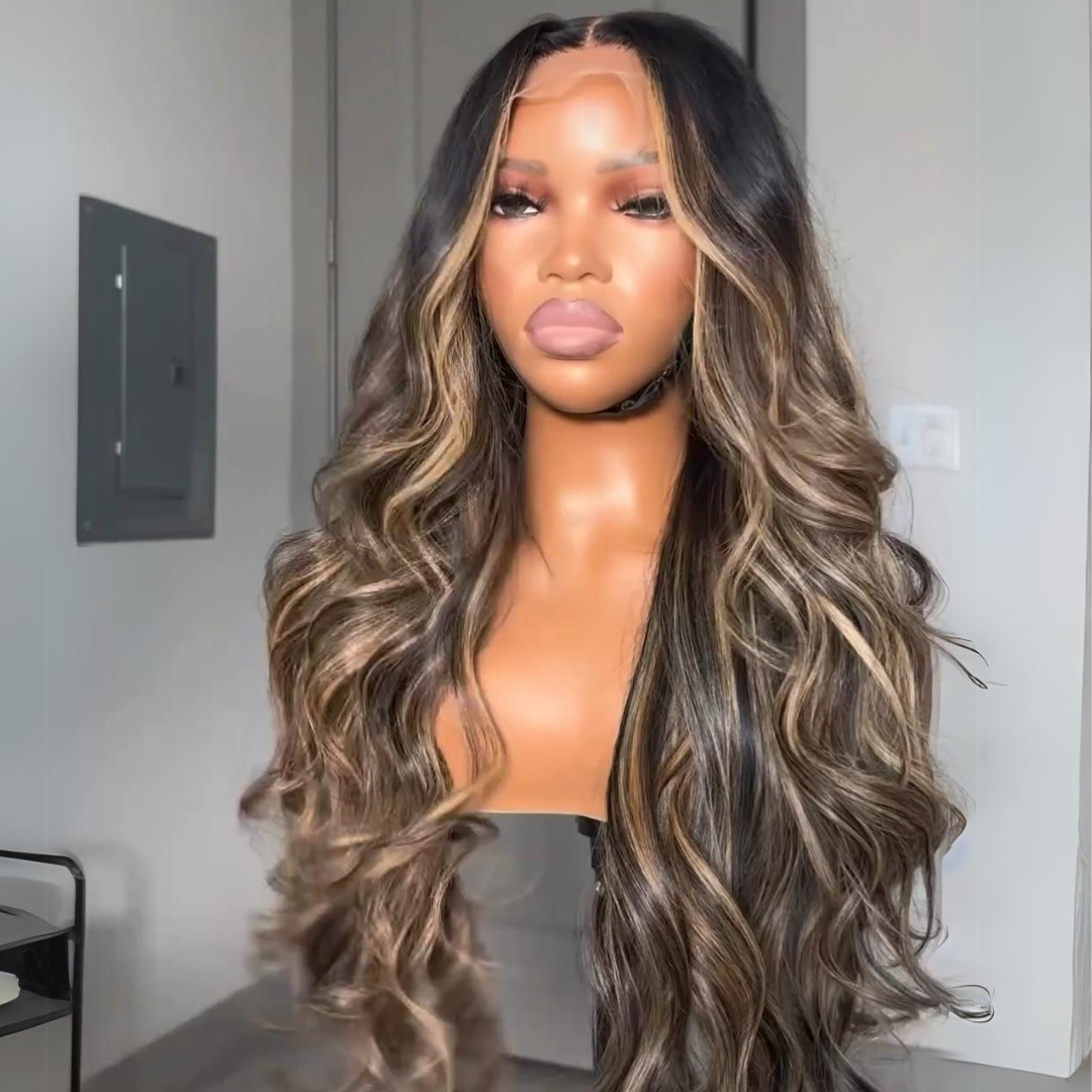 Balayage Highlights Body Wave Wig 13x4 Lace Front Human Hair Wigs Honey Blonde Highlights Wigs