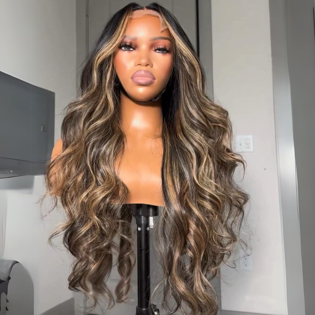Balayage Highlights Body Wave Wig 13x4 Lace Front Human Hair Wigs Honey Blonde Highlights Wigs