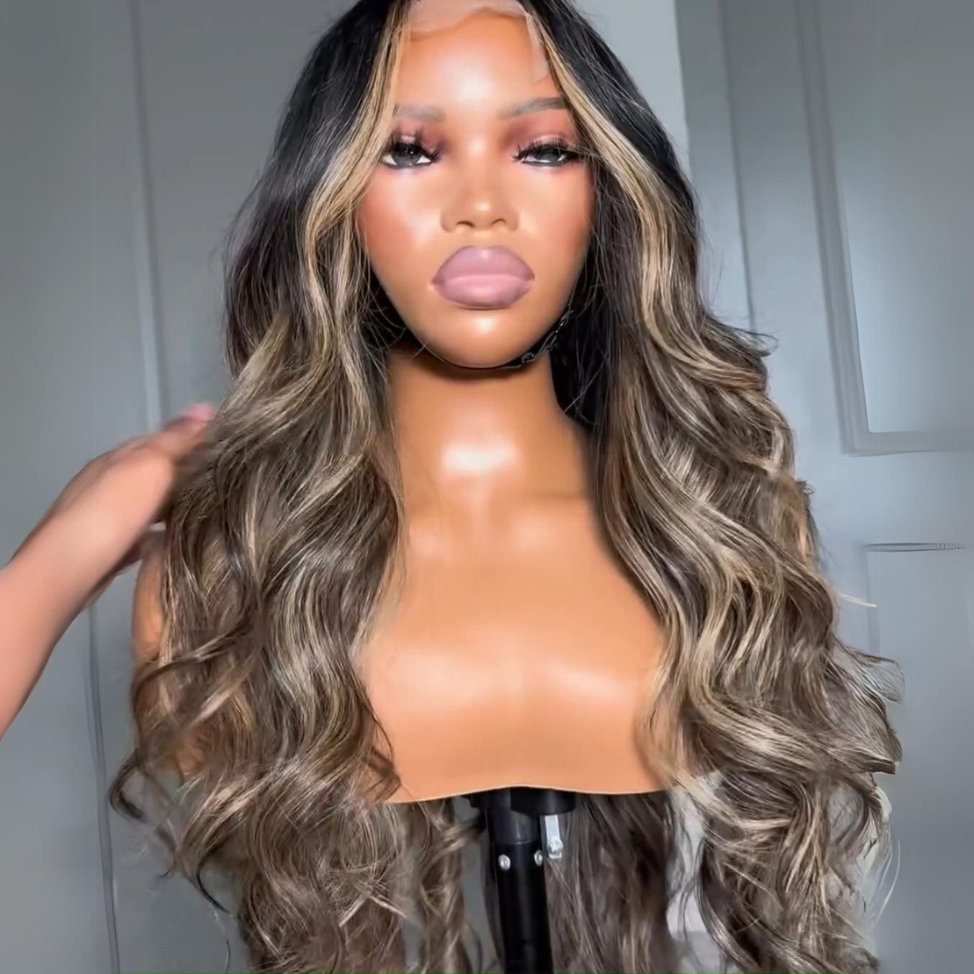 Balayage Highlights Body Wave Wig 13x4 Lace Front Human Hair Wigs Honey Blonde Highlights Wigs