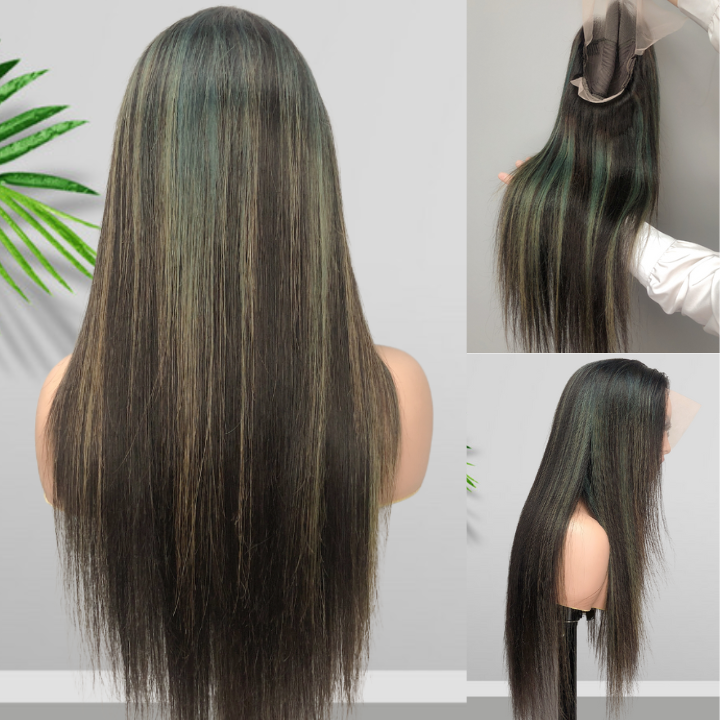 Balayage Light Blue Long Straight Hair Glueless 4x4/13x4 HD Lace Front Human Hair Wigs Funky Color Highlights Wig-Geeta Hair