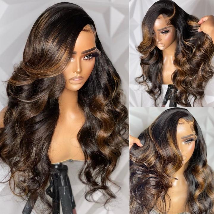 Balayage Light Brown Body Wave Glueless Transparent Lace Front Wig Highlight Pre Plucked Hairline Human Hair Wigs-GeetaHair