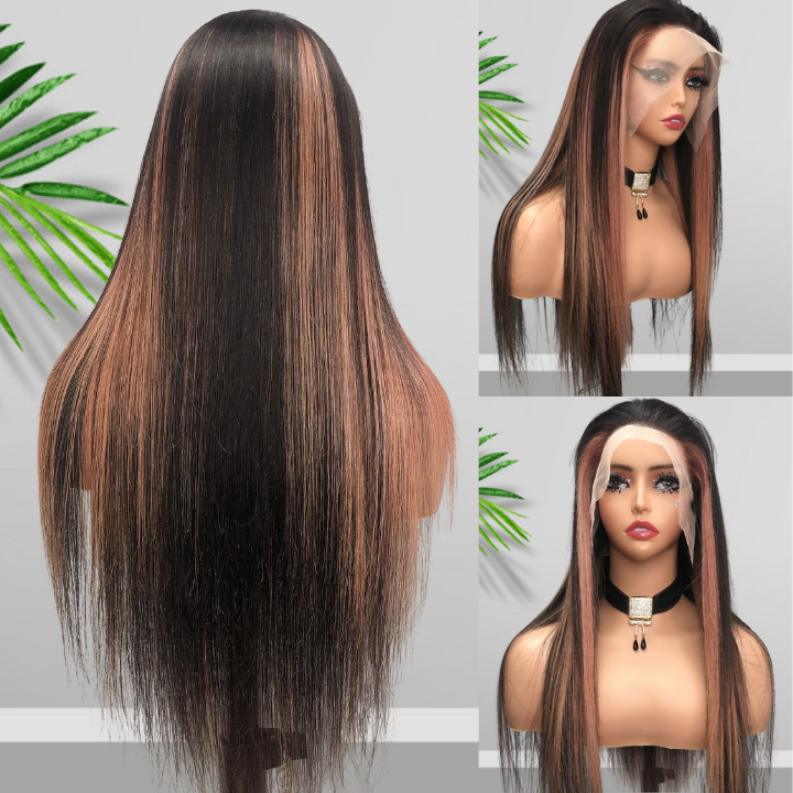 Balayage Pink Long Straight Hair Glueless 4x4/13x4 HD Lace Front Human Hair Wigs Funky Color Highlights Wig-Geeta Hair