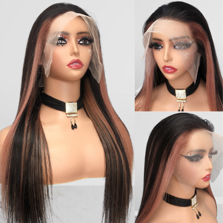 Balayage Pink Long Straight Hair Glueless 4x4/13x4 HD Lace Front Human Hair Wigs Funky Color Highlights Wig-Geeta Hair