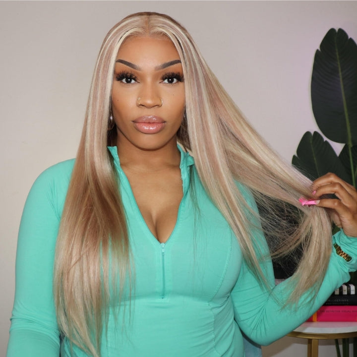 Straight Balayage HD Lace Front Wig Ash Blonde Colored Human Hair Wigs With Highlights