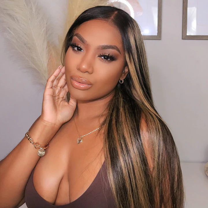 Balayage Straight Hair Honey Blonde 13x4/4x4 Lace Front Wig Face Frame Highlights Human Hair Wigs