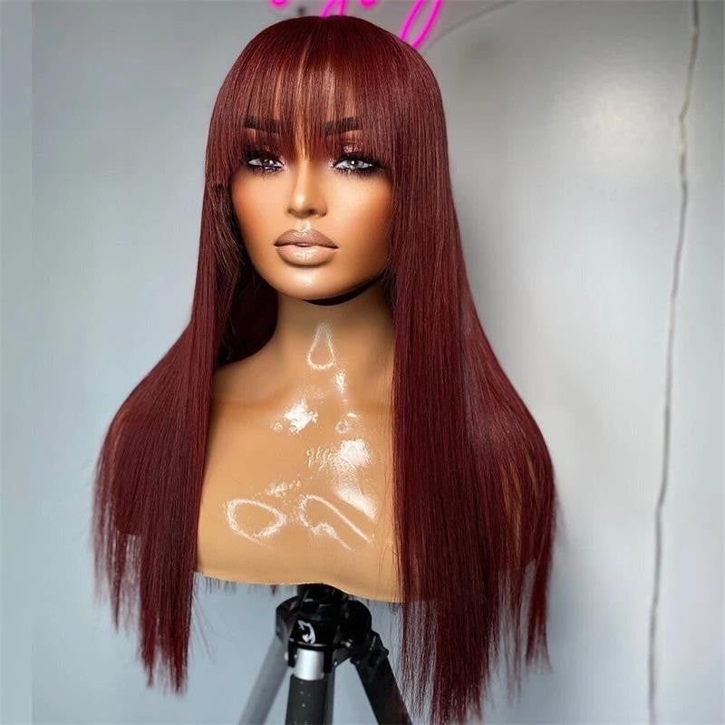 Glueless Long Straight Hair With Bangs Burgundy Wig Human Hair Wig-Geeta Hair