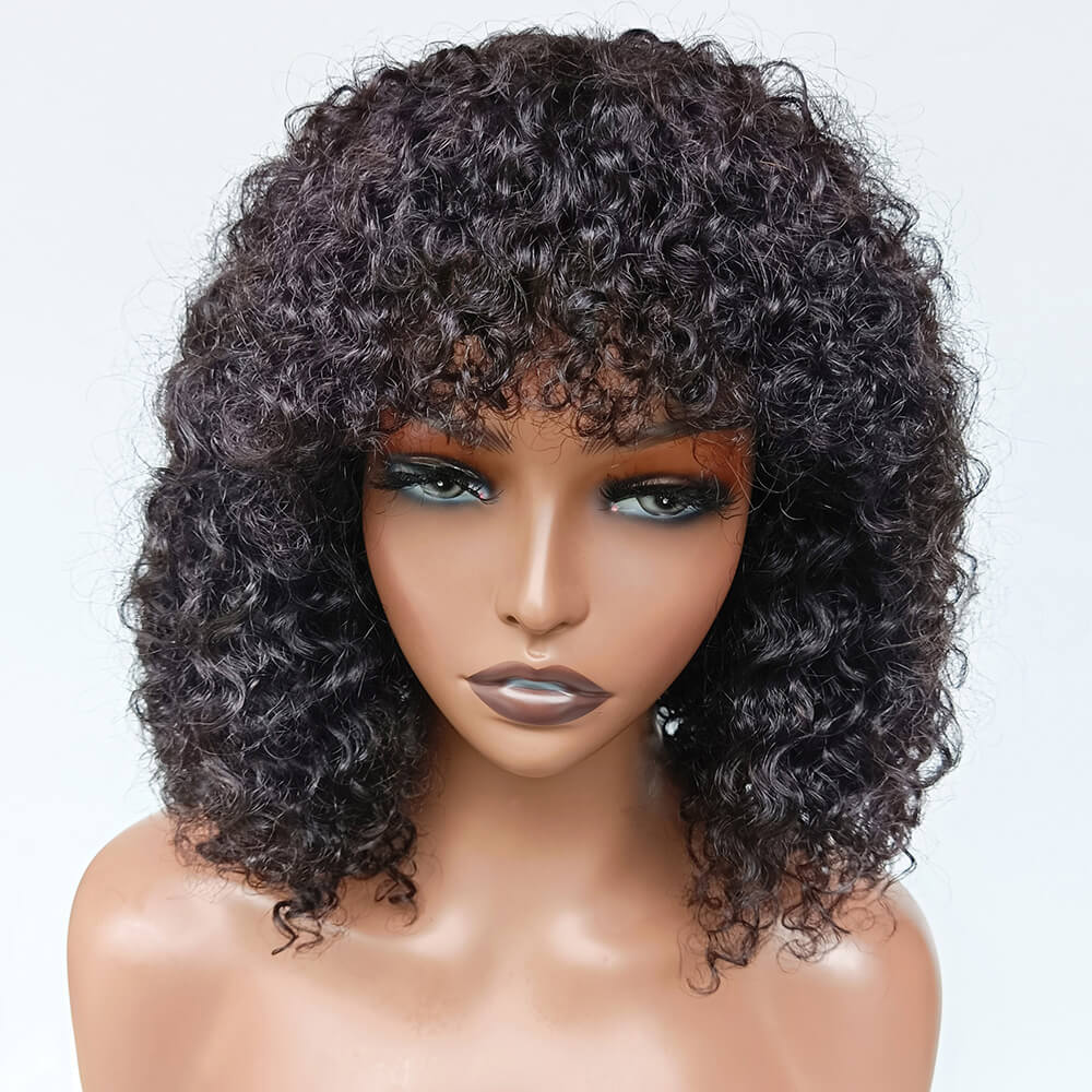 Black Curly Hair Wig With Bangs 100% Unprocessed Brazilian Human Hair Wig-Geeta Hair