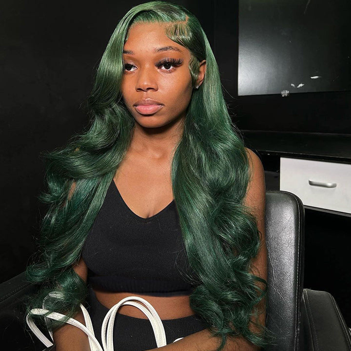 Xmas Sale Dark Green Body Wave HD Transparent Lace Wig Blackish Green Pre Plucked Human Hair Wigs