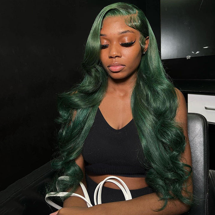 Xmas Sale Dark Green Body Wave HD Transparent Lace Wig Blackish Green Pre Plucked Human Hair Wigs