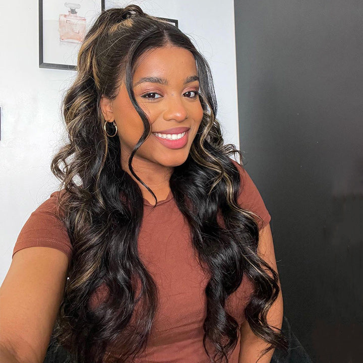 Blonde Balayage On Black Hair Body Wave Lace Front Wig Highlight HD Transparent Human Hair Wigs