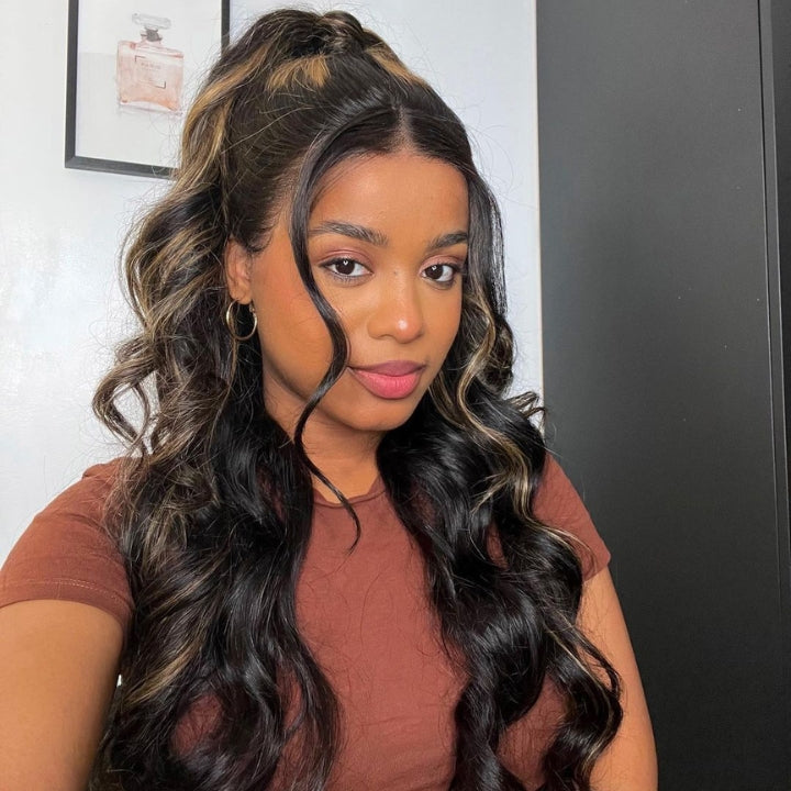 Blonde Balayage On Black Hair Body Wave Lace Front Wig Highlight HD Transparent Human Hair Wigs
