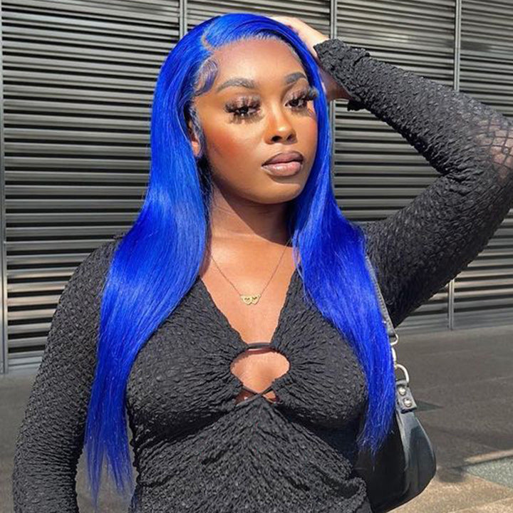 Blue Bone Straight HD Transparent Lace Wig Colored Straight Natural Hairline Human Hair Wigs