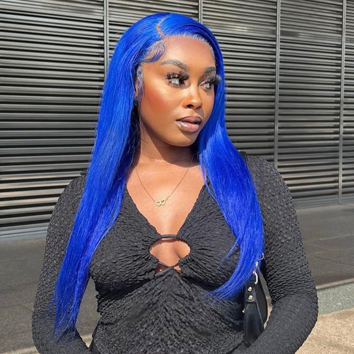 Blue Bone Straight HD Transparent Lace Wig Colored Straight Natural Hairline Human Hair Wigs