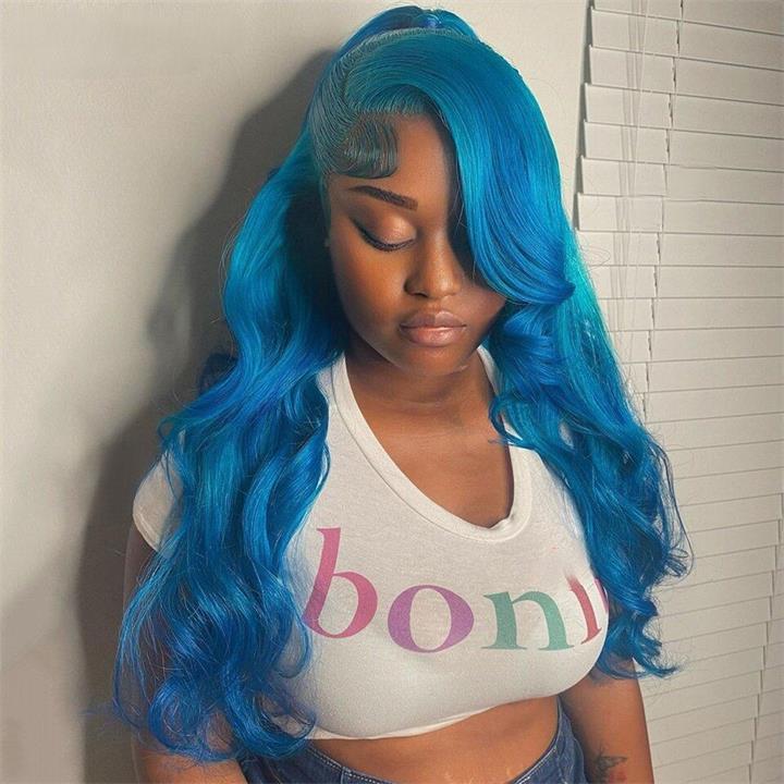 Ombre Lake Blue Body Wave HD Transparent Lace Wig Lake Blue Pre Plucked Human Hair Wigs