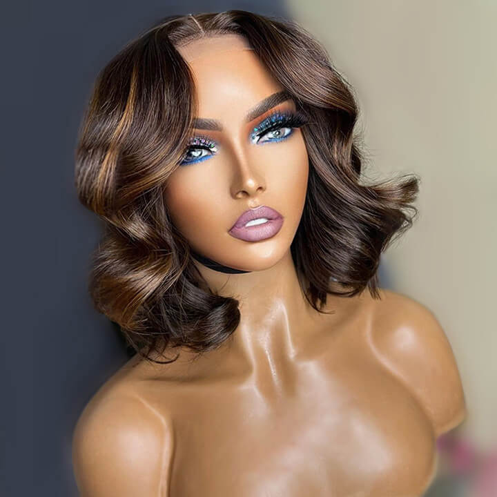 Brown Hair Bob Wig Body Wave Hair HD Lace Wig Highlight Blonde Glueless Pre Plucked Human Hair Wigs