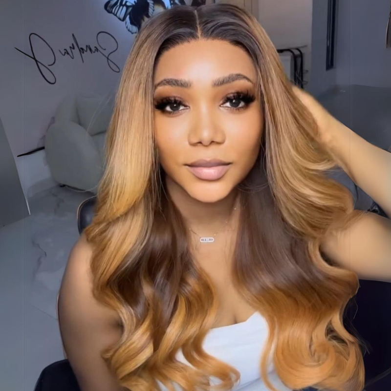 Body Wave Brown Blonde Lace Front Wigs With Black Root 13x4 HD Lace Wig 180% Density