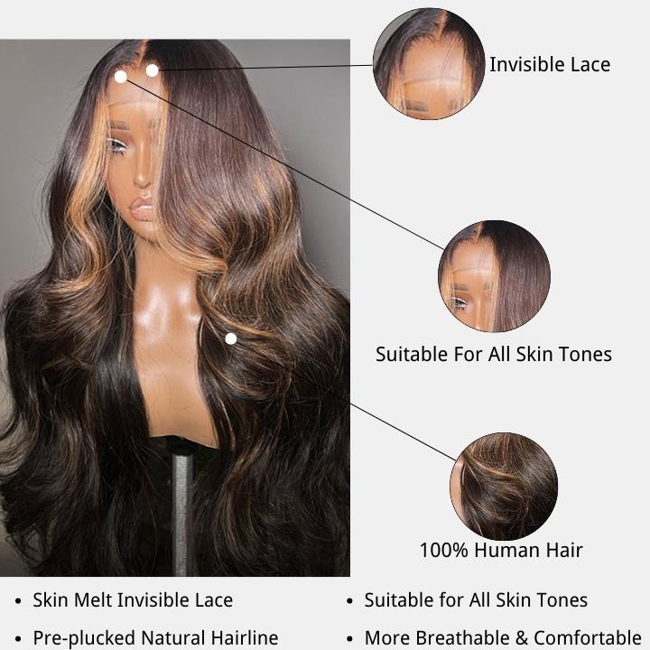 Money Piece Brown Body Wave HD Transparent Lace Front Wigs Glueless Skunk Stripe Color Human Hair Wigs-GeetaHair