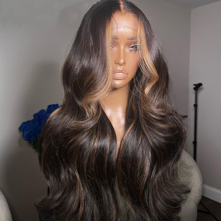 Money Piece Brown Body Wave HD Transparent Lace Front Wigs Glueless Skunk Stripe Color Human Hair Wigs-GeetaHair