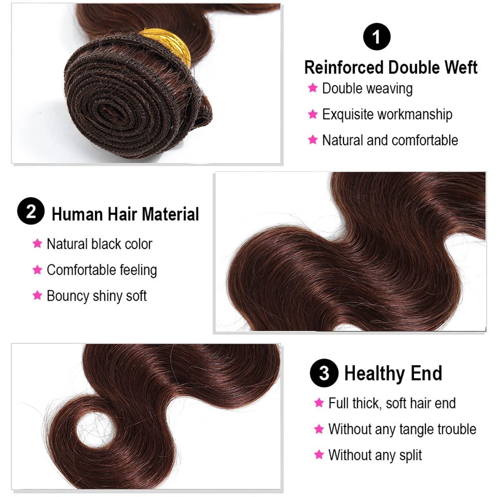 GeetaHair Light Brown Body Wave 3 Bundles With 4x4 Lace Closure Unprocessed 100% Real Human Hair Extensions