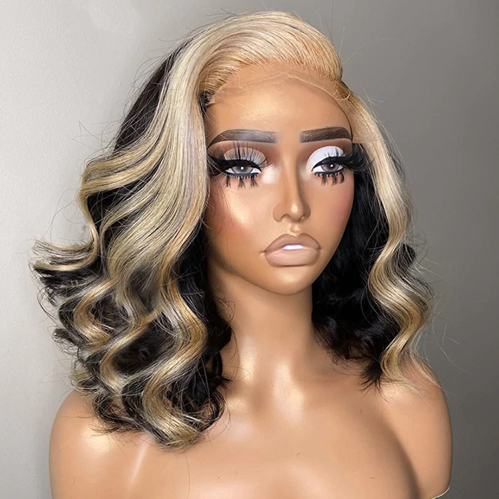 Body Wave Hair Short Bob Black Wig With Blonde Highlights Ombre Hair 13x4 Lace Front 4x4/5x5 Closure Human Hair Wig