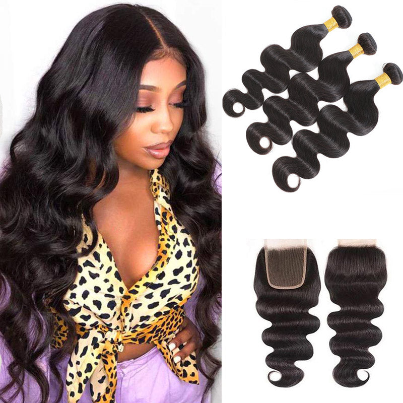 GeetaHair Body Wave Hair 3 Bundles With 4x4 Lace Closure Unprocessed Human Virgin Hair