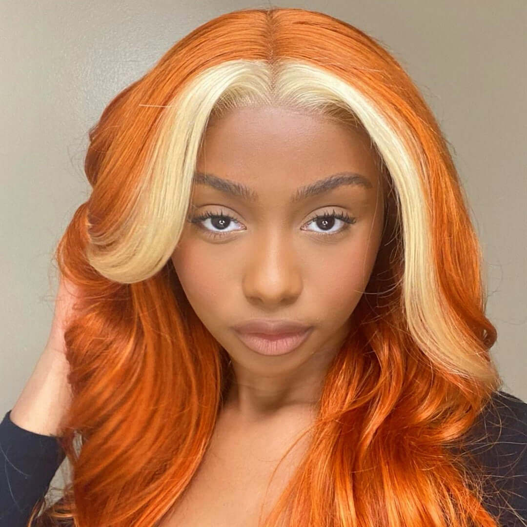 Skunk Stripe Body Wave 13x4/4x4 HD Transparent Lace Wig Ginger Orange Color With #613 Blonde Highlight Wig Colored Human Hair Wigs-Geeta Hair
