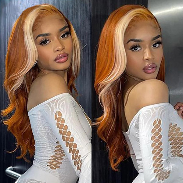 Skunk Stripe Body Wave 13x4/4x4 HD Transparent Lace Wig Ginger Orange Color With #613 Blonde Highlight Wig Colored Human Hair Wigs-Geeta Hair