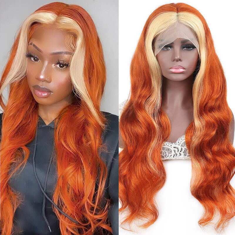 Skunk Stripe Body Wave 13x4/4x4 HD Transparent Lace Wig Ginger Orange Color With #613 Blonde Highlight Wig Colored Human Hair Wigs-Geeta Hair