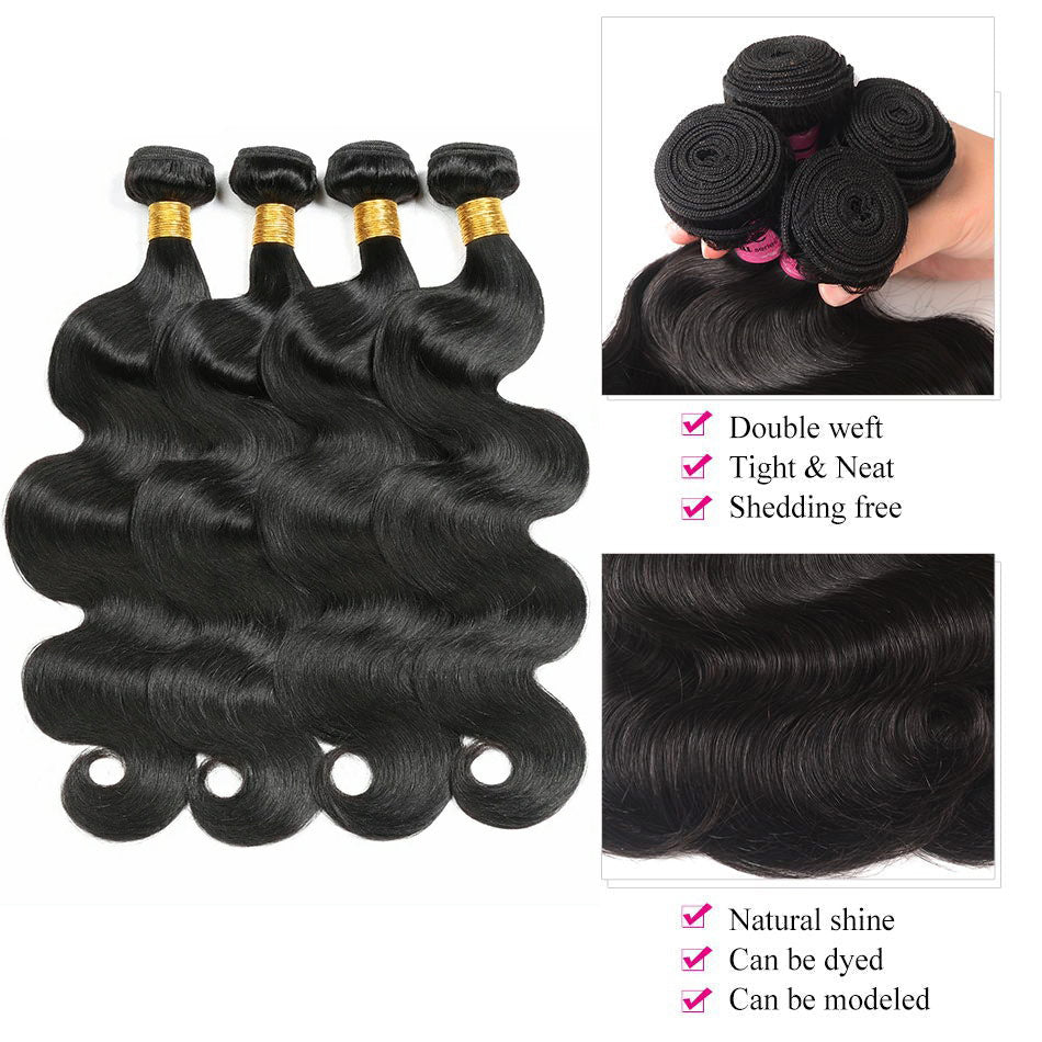 GeetaHair 4 Bundles With 4x4 Lace Closure Body Wave 100% Unprocessed Human Hair