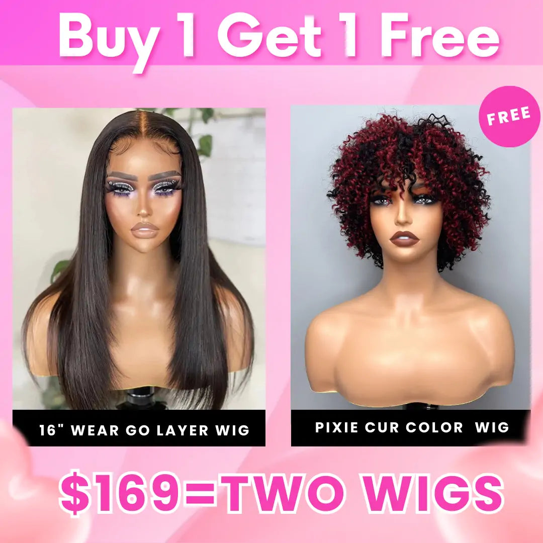 Bogo Sale: $169= 16" Wear Go Glueless Layer Straight Wig + Pixie Cut Color Bob Wig