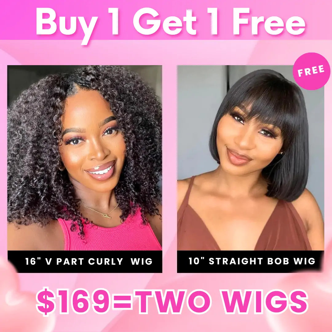 Bogo Sale: $179=V Part Curly 16" Wig + 10" Bob Straight Wig With Bangs