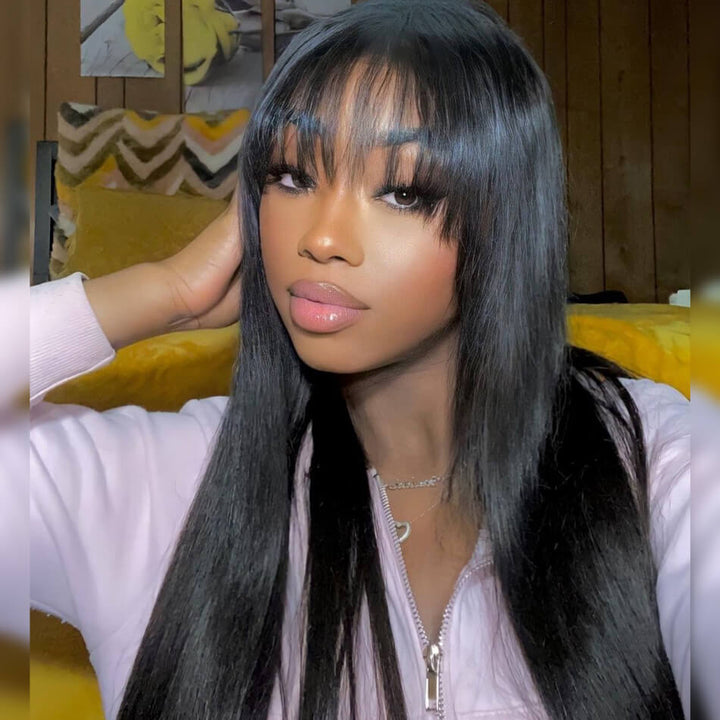 Bone Straight Human Hair Wigs with Bangs Glueless Straight 13x4 Lace Front Wig Pre Blucked