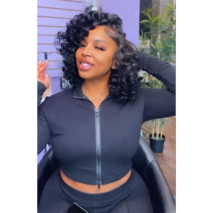 Bouncy Curly Bob Human Hair Wigs Beginner Friendly Glueless Lace Front Wig 180% Density - Geeta Hair