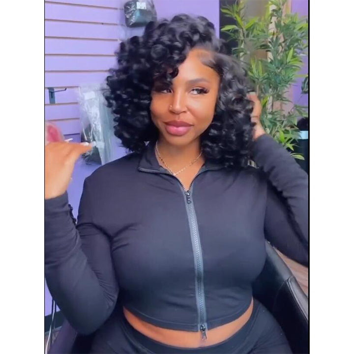 Bouncy Curly Bob Human Hair Wigs Beginner Friendly Glueless Lace Front Wig 180% Density - Geeta Hair