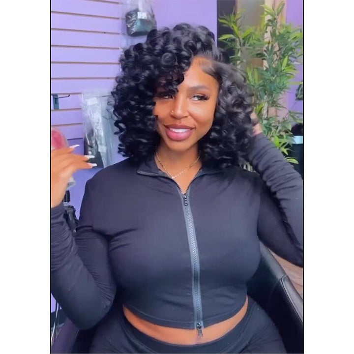 Bouncy Curly Bob Human Hair Wigs Beginner Friendly Glueless Lace Front Wig 180% Density - Geeta Hair