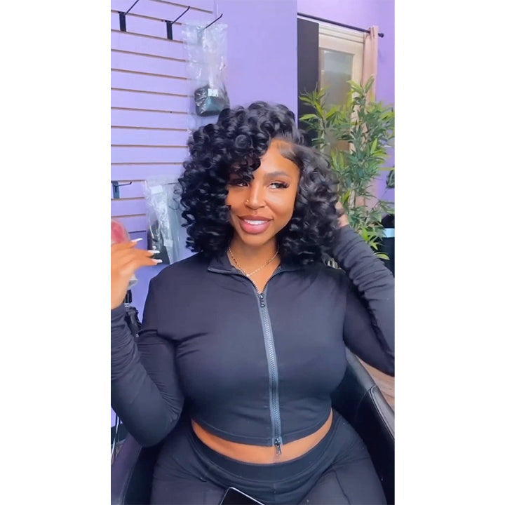 Bouncy Curly Bob Human Hair Wigs Beginner Friendly Glueless Lace Front Wig 180% Density - Geeta Hair