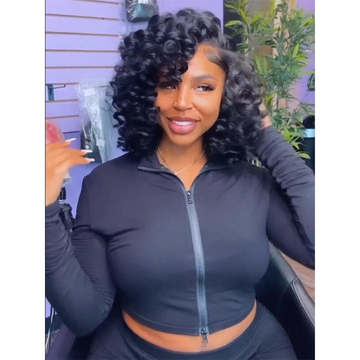 Bouncy Curly Bob Human Hair Wigs Beginner Friendly Glueless Lace Front Wig 180% Density - Geeta Hair