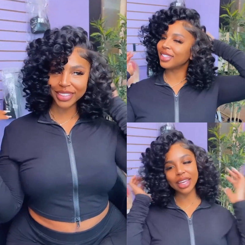 Bouncy Curly Bob Human Hair Wigs Beginner Friendly Glueless Lace Front Wig 180% Density - Geeta Hair