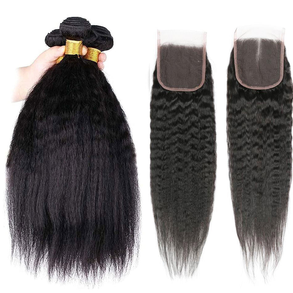 GeetaHair Kinky Straight 3 Bundles With 4x4 Lace Closure Virgin Human HairGeetaHair Kinky Straight 3 Bundles With 4x4 Lace Closure Virgin Human Hair