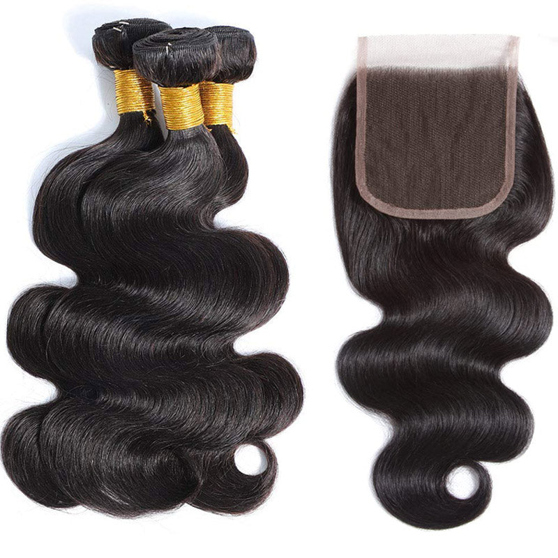 GeetaHair Body Wave Hair 3 Bundles With 4x4 Lace Closure Unprocessed Human Virgin Hair