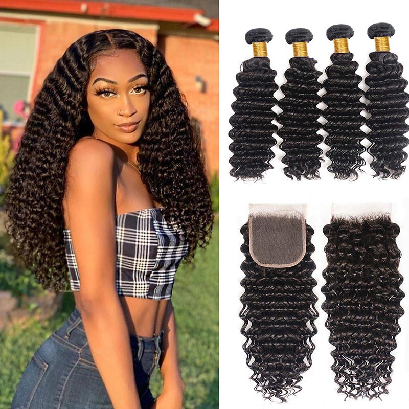 GeetaHair Deep Wave 4 Bundles with 4x4 Lace Closure Unprocessed Virgin Hair