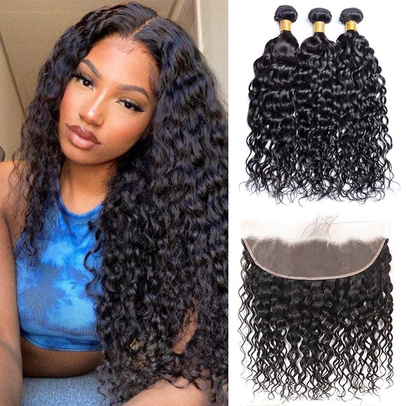 Geetahair Water Wave Hair 3 Bundles With 13x4 Lace Frontal 100% Virgin Human Hair Extensions