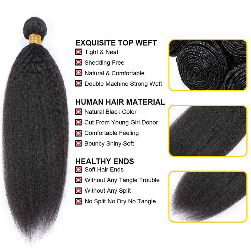 GeetaHair Kinky Straight Hair 3 Bundles With 13x4 Lace Frontal 100% Unprocessed Human Hair