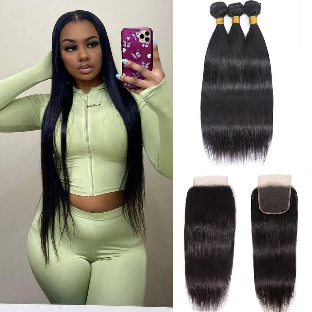 GeetaHair Long Straight Hair 3 Bundles With 4x4 Lace Closure 100% Virgin Human Hair