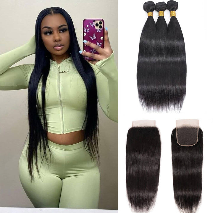 GeetaHair Long Straight Hair 3 Bundles With 4x4 Lace Closure 100% Virgin Human Hair