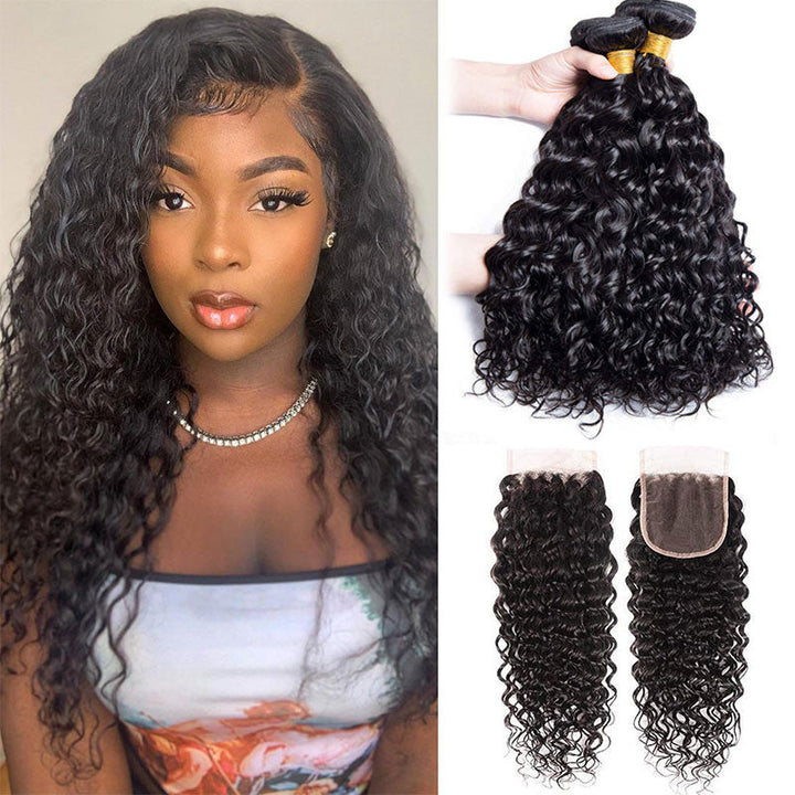 Geetahair Water Wave Hair 4 Bundles With 4x4 Lace Closure Virgin Human Hair