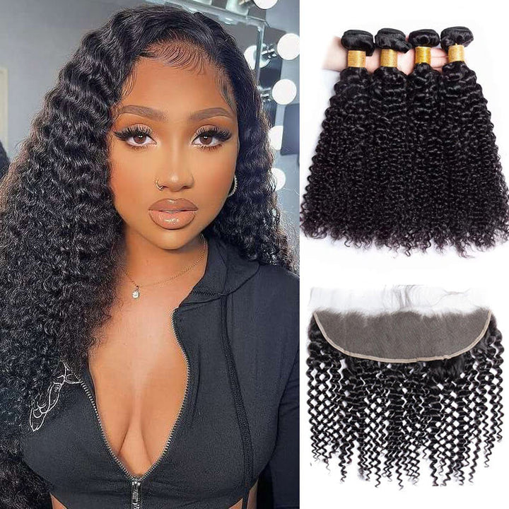 GeetaHair Kinky Curly 4 Bundles With 13x4 Lace Frontal Virgin Human Hair Extensions