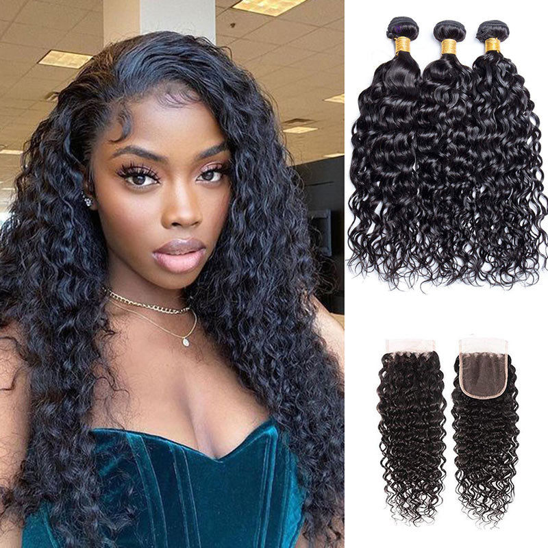 Geetahair Water Wave Hair 3 Bundles with 4x4 Lace Closure 100% Virgin Human Hair on Sale